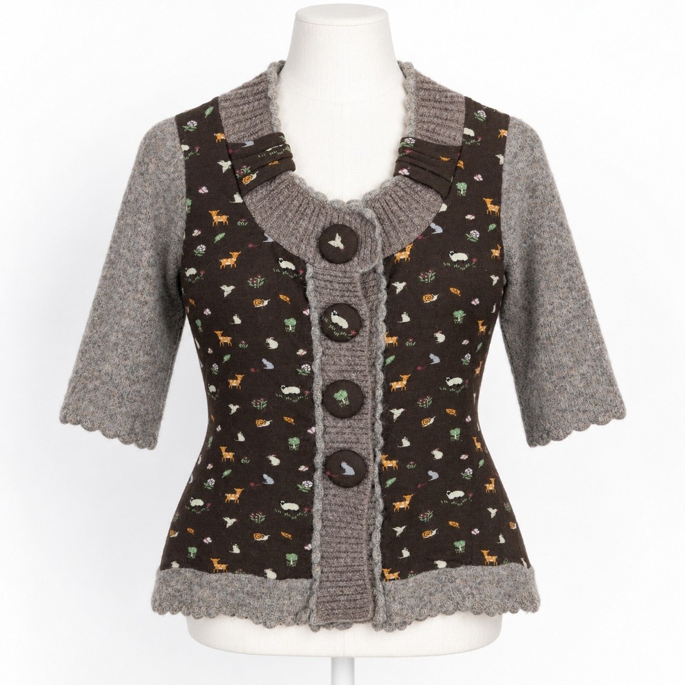 Anthropologie Woodland Animal Wool Button Cardigan Size M Brown Cottagecore Cute